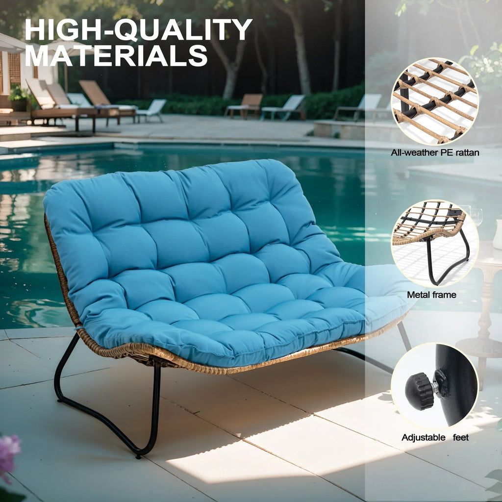 Poltrona doppia Papasan con cuscino, in rattan PE resistente a tutte le condizioni atmosferiche e struttura in metallo, per interni ed esterni