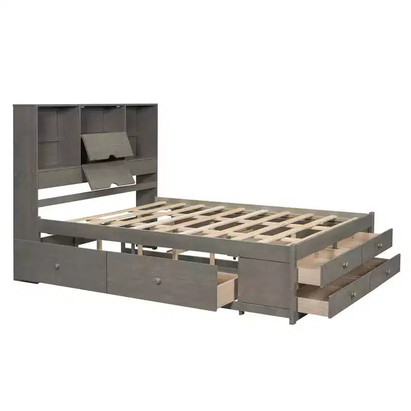 Cama de casal com estrado, prateleira de arrumação e 8 gavetas, fácil de montar