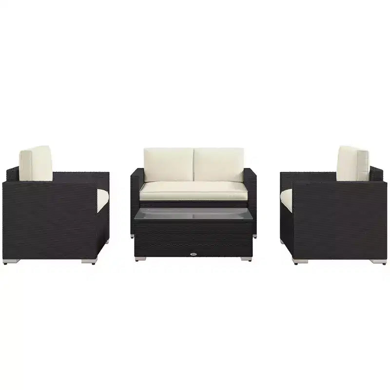 4-delige tuinset van rotan, loungeset van vlechtwerk met loveseat, stoelen en salontafel met glazen blad voor buiten