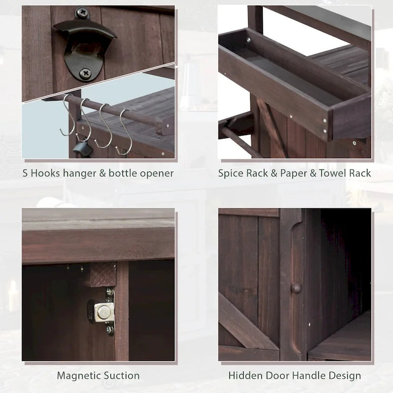 Îlot de cuisine d’extérieur, chariot de bar roulant et meuble de rangement, table de barbecue en bois massif avec plateau en acier inoxydable, porte-épices, porte-serviettes