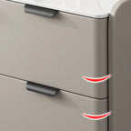 Hoge houten L-vormige bijzettafel voor de bank met stenen blad en 4 laden