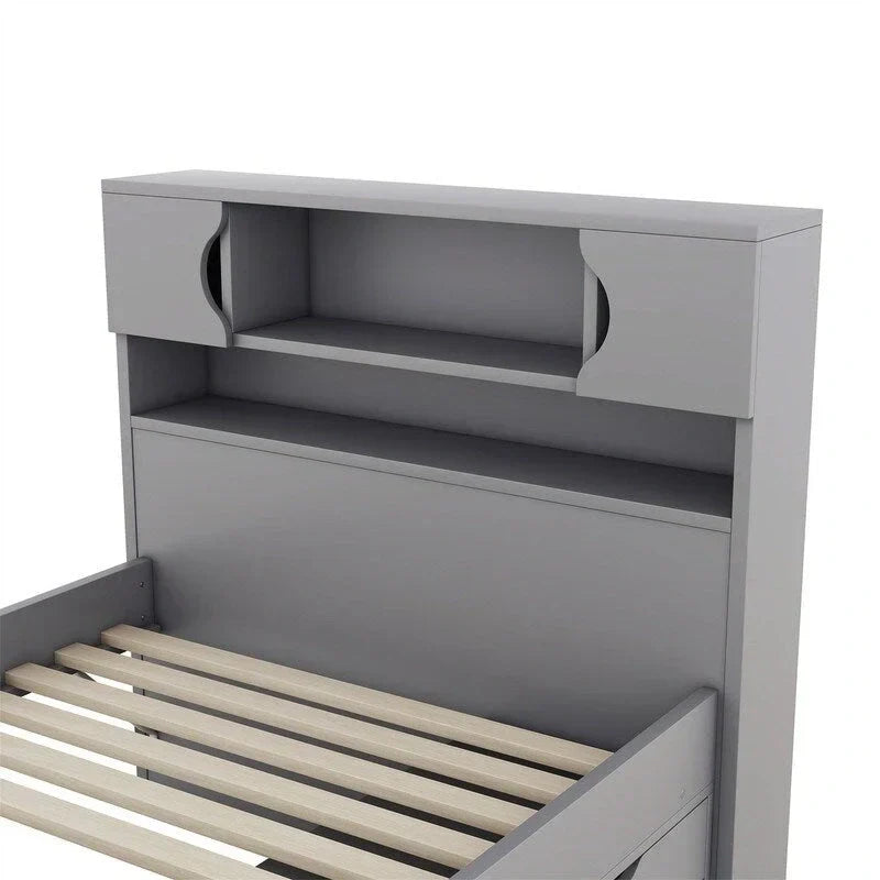 Lit plateforme capitaine une place/deux places avec 4 tiroirs et étagères de rangement, cadre en bois massif avec tête de lit bibliothèque et rangements