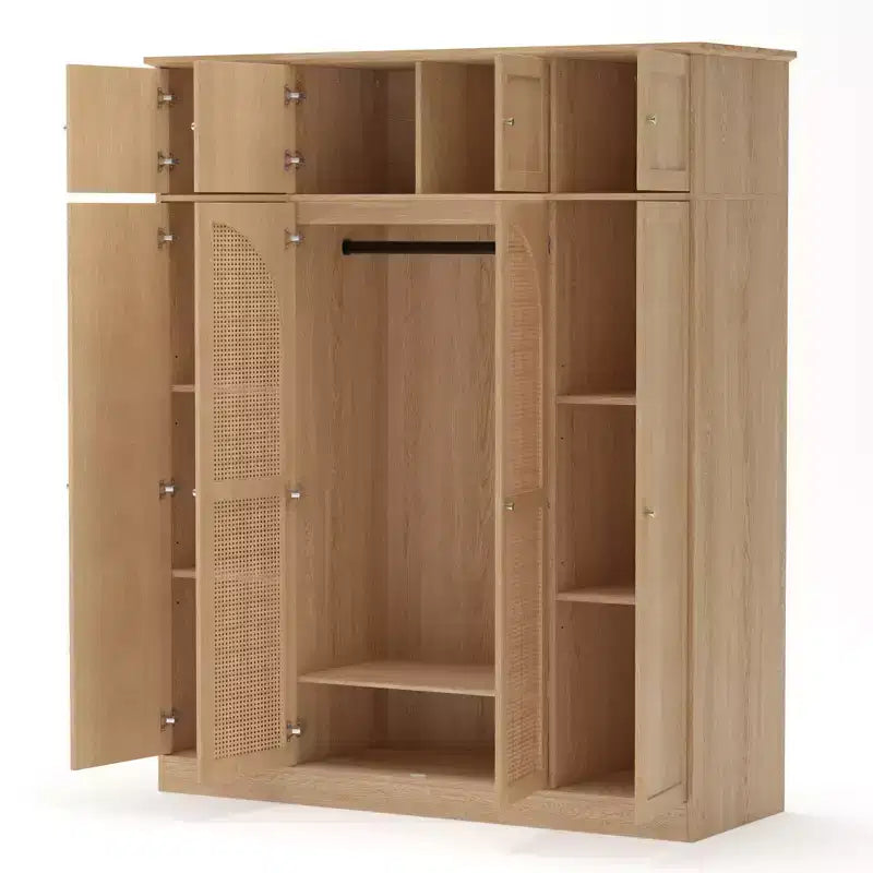 70.87 hoher großer Kleiderschrank mit 8 Türen, Kleiderstange, verstellbaren Einlegeböden und dekorativen Rattantüren