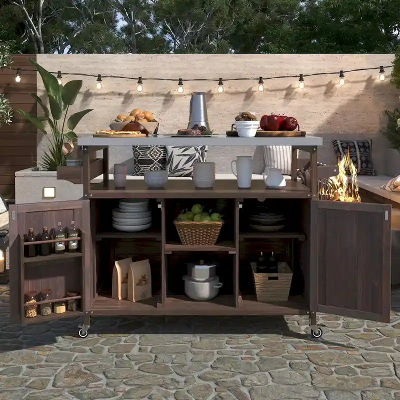 Îlot de cuisine d’extérieur, chariot de bar roulant et meuble de rangement, table de barbecue en bois massif avec plateau en acier inoxydable, porte-épices, porte-serviettes