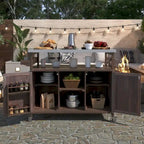 Îlot de cuisine d’extérieur, chariot de bar roulant et meuble de rangement, table de barbecue en bois massif avec plateau en acier inoxydable, porte-épices, porte-serviettes