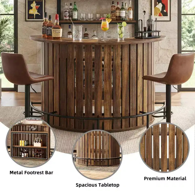 Mesa de bar pequena de arrumação com 4 prateleiras em arco, armário de bar moderno de estilo rústico com apoio para os pés e estrutura em MDF