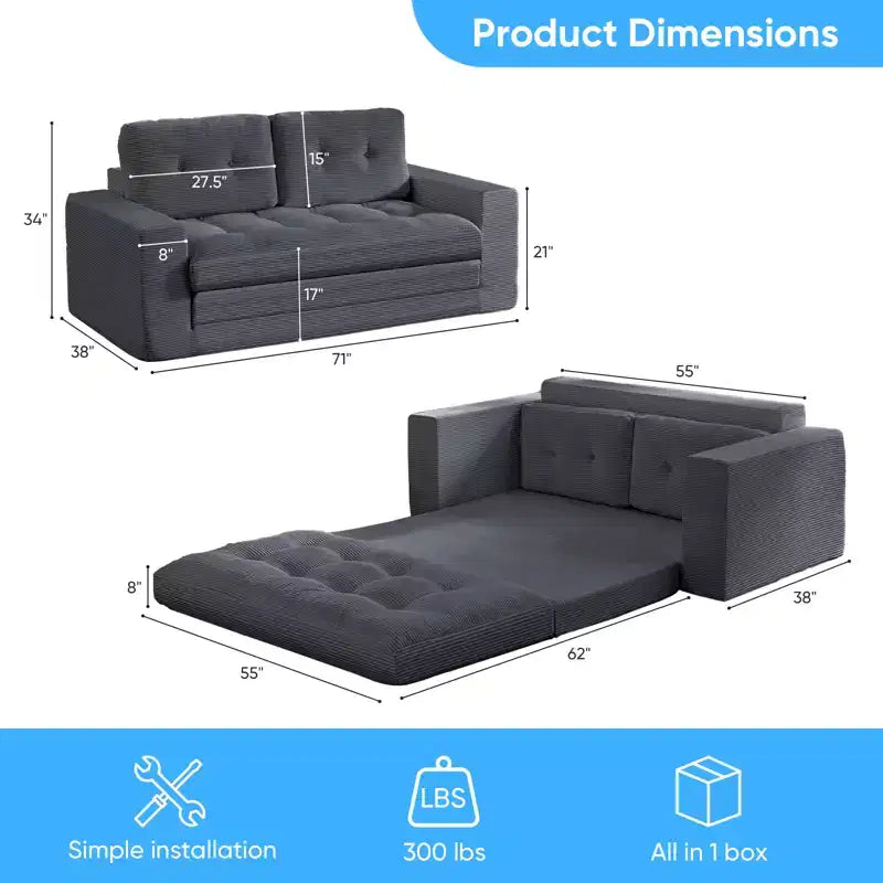 Rozkładana sofa-futon Mjkone 2 w 1 o szerokości 71', tapicerowana tkaniną sztruksową, z pikowanymi guzikami, dwuosobowa sofa z funkcją spania, oszczędzająca miejsce
