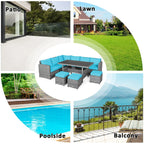 Costway 7-teiliges Ess-Set aus Polyrattan für die Terrasse mit Ecksofa und Hocker - Details ansehen