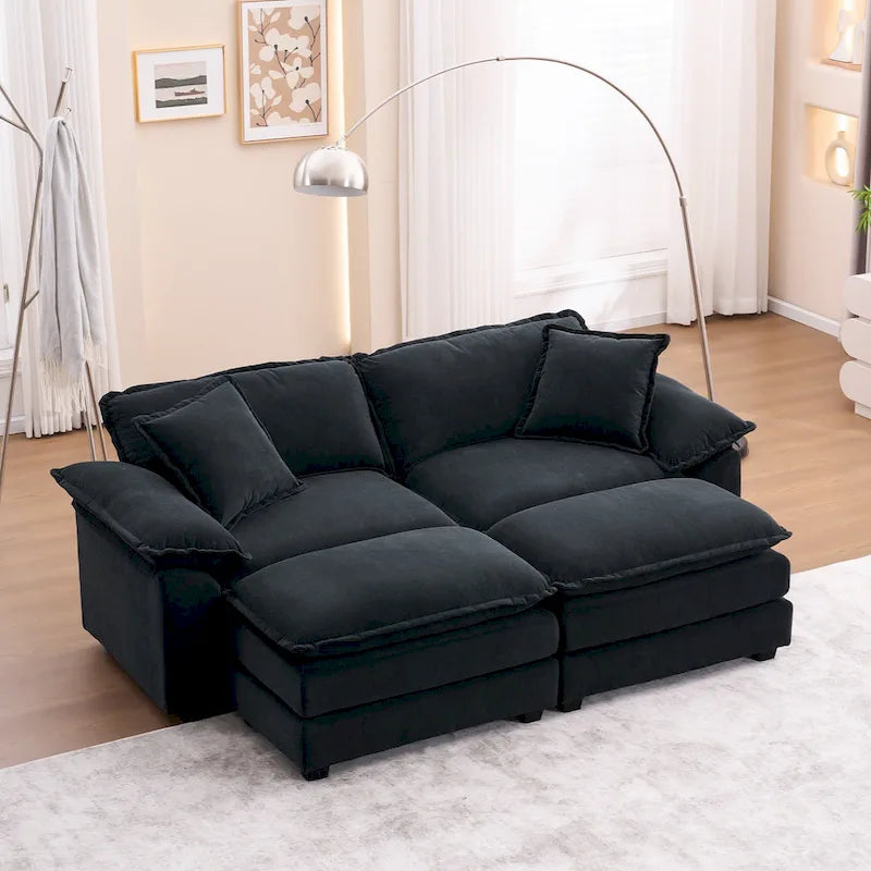 2-Sitzer-Sofa mit 2 Sitzkissen, 2 Kissen und 2 Hockern, bequemes Sofa - tiefes Sofa fürs Wohnzimmer, modulares Sofa