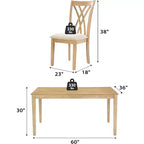 Zevemomo 7-delige eettafelset van massief hout met 6 gestoffeerde stoelen, ruimtebesparende eettafel met stoelen, voor de eetkamer of keuken, naturel houtkleur
