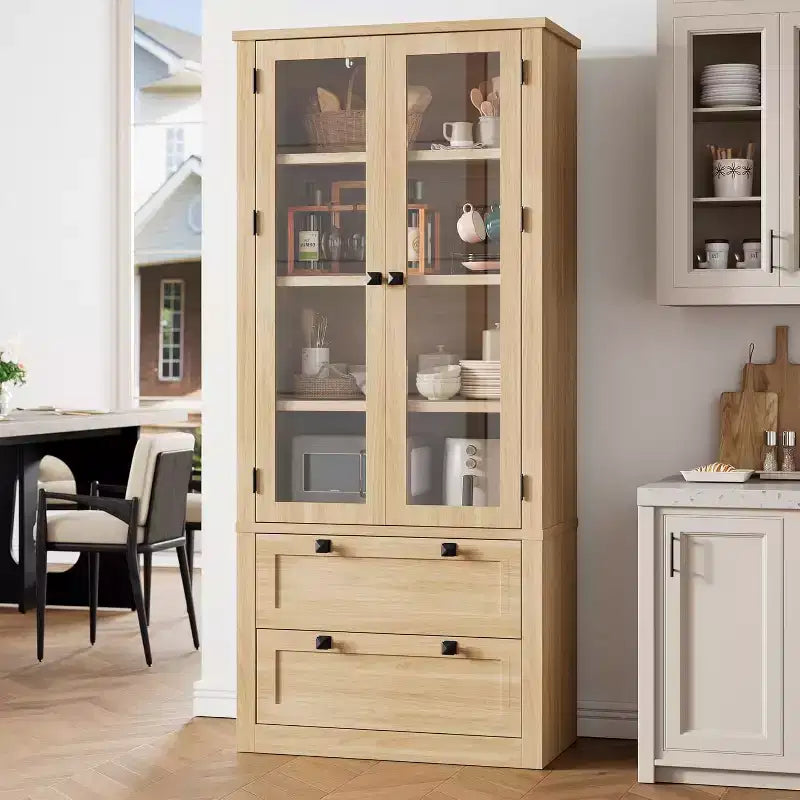 Küchenschrank im Landhausstil mit Glastüren, 72in hoher Vorratsschrank mit Schubladen und verstellbaren Einlegeböden für Esszimmer, Badezimmer und Wohnzimmer