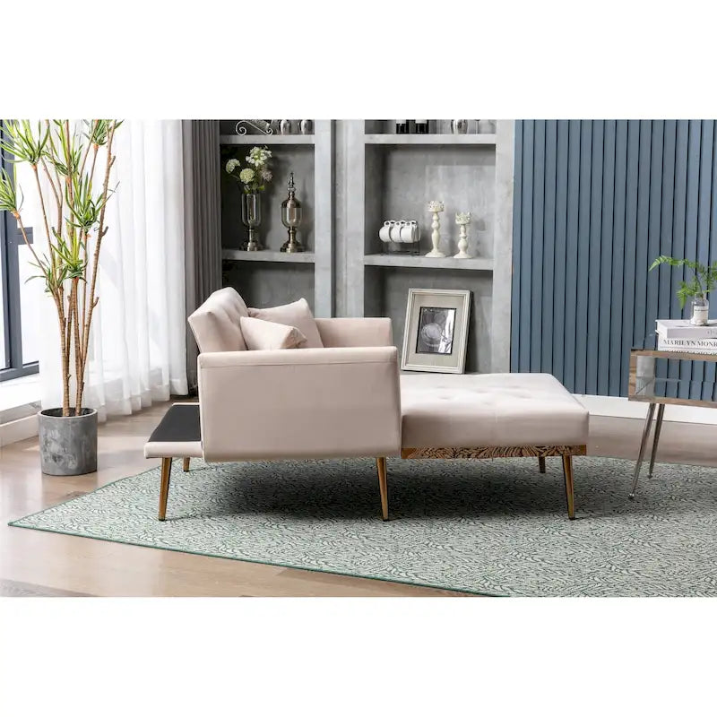Poltrona letto da salotto in velluto con imbottitura capitonné e piedini color oro rosa
