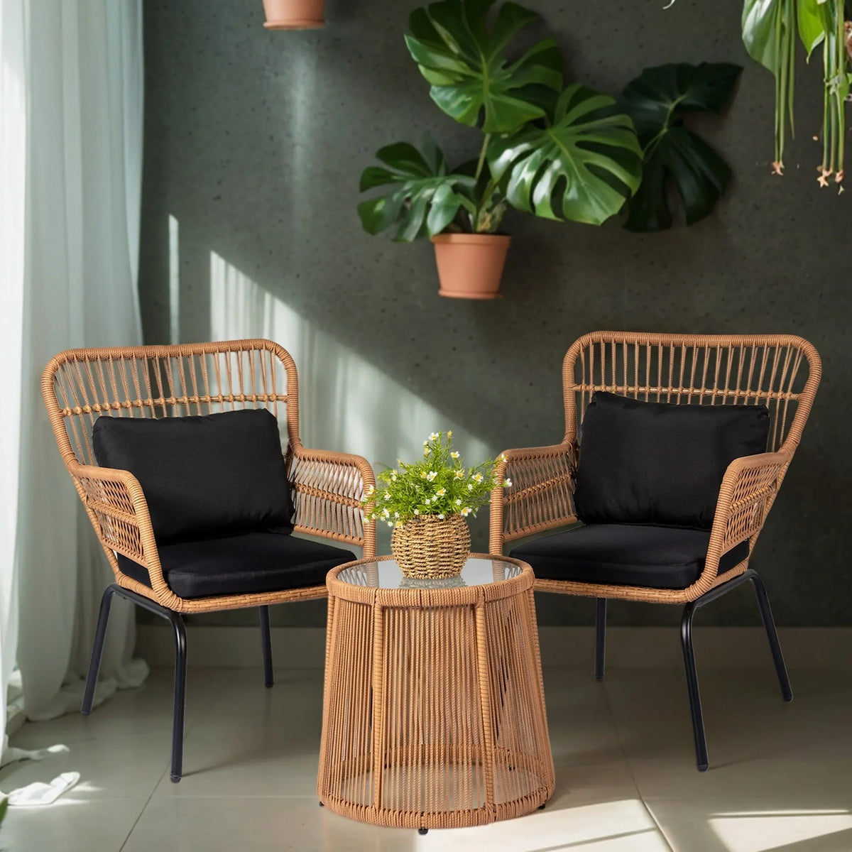 3-delige bistroset van tuinmeubelen van riet, weerbestendige rotanset met tuinstoelen en kussens