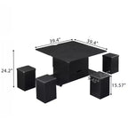 Table basse moderne multifonctionnelle à plateau relevable avec rangement caché, 4 tabourets et roulettes, idéale pour les espaces de vie modernes