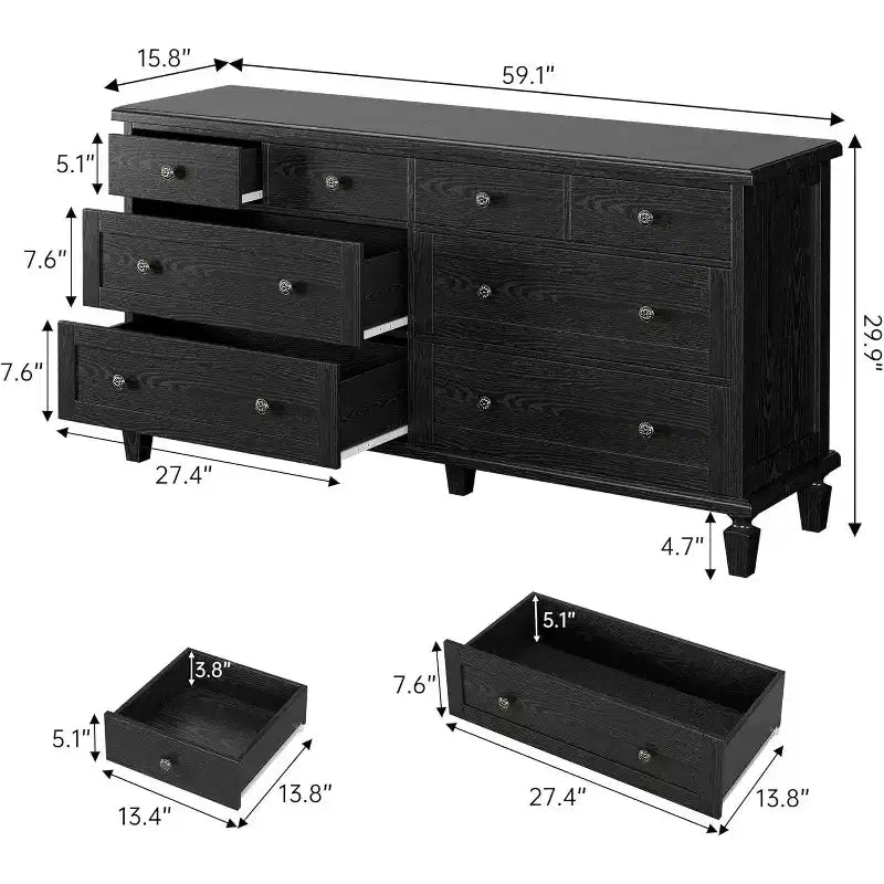 Kommode mit 8 Schubladen fürs Schlafzimmer, Vintage-TV-Kommode 59 mit geschnitzten Griffen und konischen Beinen, Holzkommode mit großem Stauraum