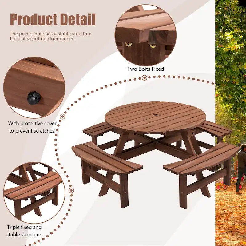 Set da picnic rotondo da esterno per 8 persone in legno di abete, con 4 panche integrate e foro per ombrellone