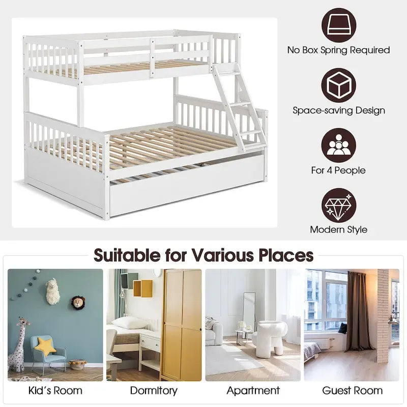 Gymax Etagenbett mit Einzelbett oben und Doppelbett unten, mit ausziehbarem Einzelbett, umbaubare Plattform