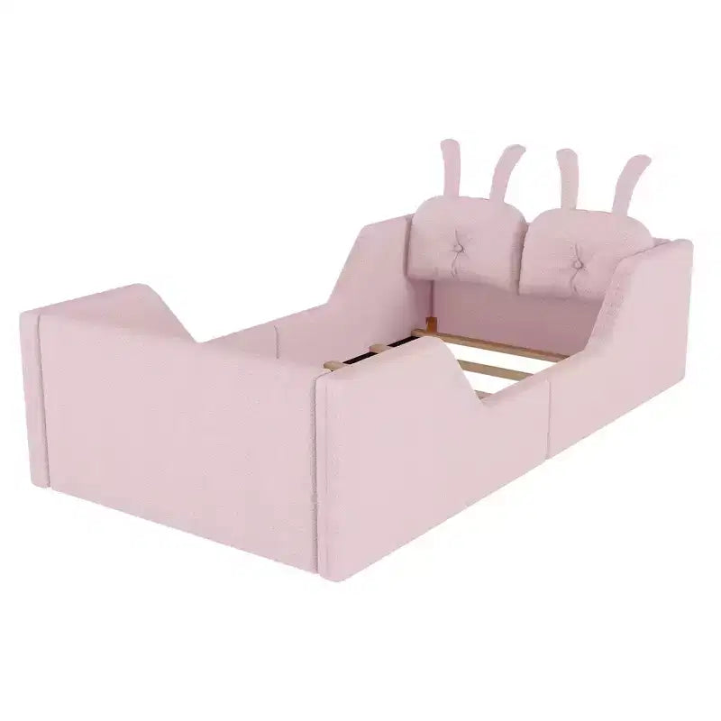 Whisen eenpersoonsbed met platform, gestoffeerd kinderbedframe voor op de vloer met konijnenkussen en afneembare zijhekken