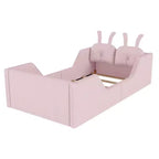 Whisen eenpersoonsbed met platform, gestoffeerd kinderbedframe voor op de vloer met konijnenkussen en afneembare zijhekken