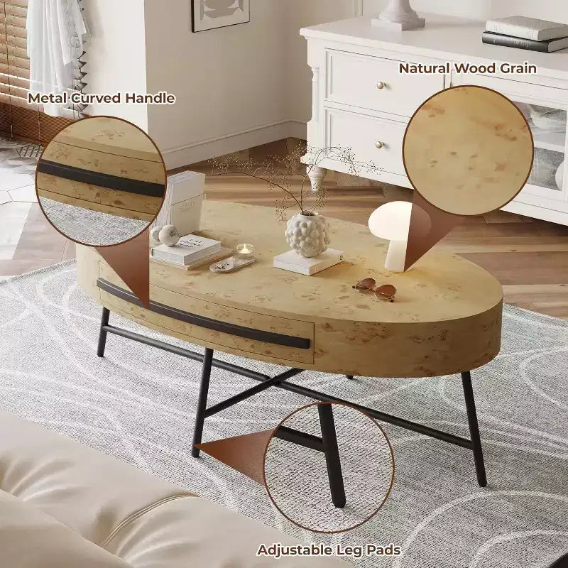 Owalny stolik kawowy Acekool z szufladą, 47.2, drewniany stolik ze schowkiem i metalowymi nogami krzyżakowymi, nowoczesny stolik w stylu mid-century, w kolorze naturalnym i złotej wierzby