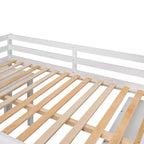Niedriges Hochbett in voller Größe mit Rolltisch, 3 Schubladen und Regalen