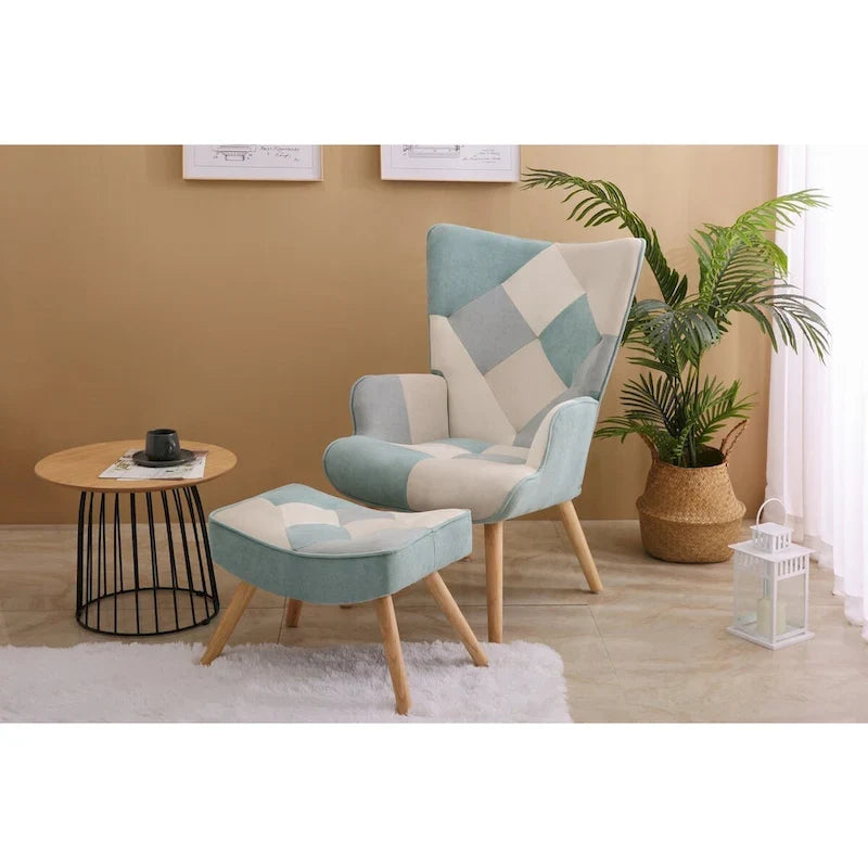 Akzentstuhl mit Hocker, Wohnzimmer-Stuhl- und Hocker-Set, bequemer Beistellsessel für das Schlafzimmer, kreativ zusammengesetzter Stoffbezug