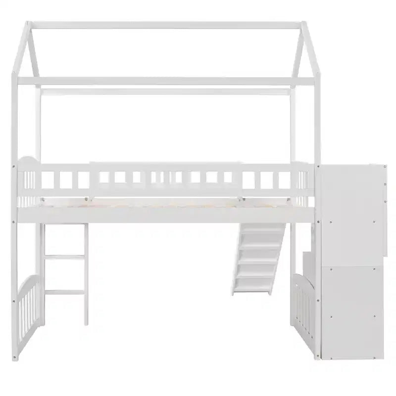 Hochbett in Hausform für Einzelbetten mit Rutsche und Treppe, Hochbett mit Schubladen, Holzhütten-Hochbett für Kinder und Kleinkinder