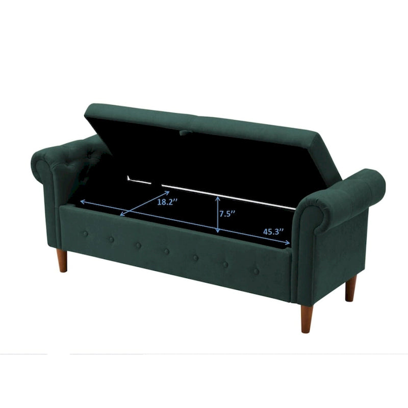 Aufbewahrungsbank fürs Schlafzimmer am Fußende des Bettes, Samt-Ottomane mit gerollten Armlehnen, langes Sofa
