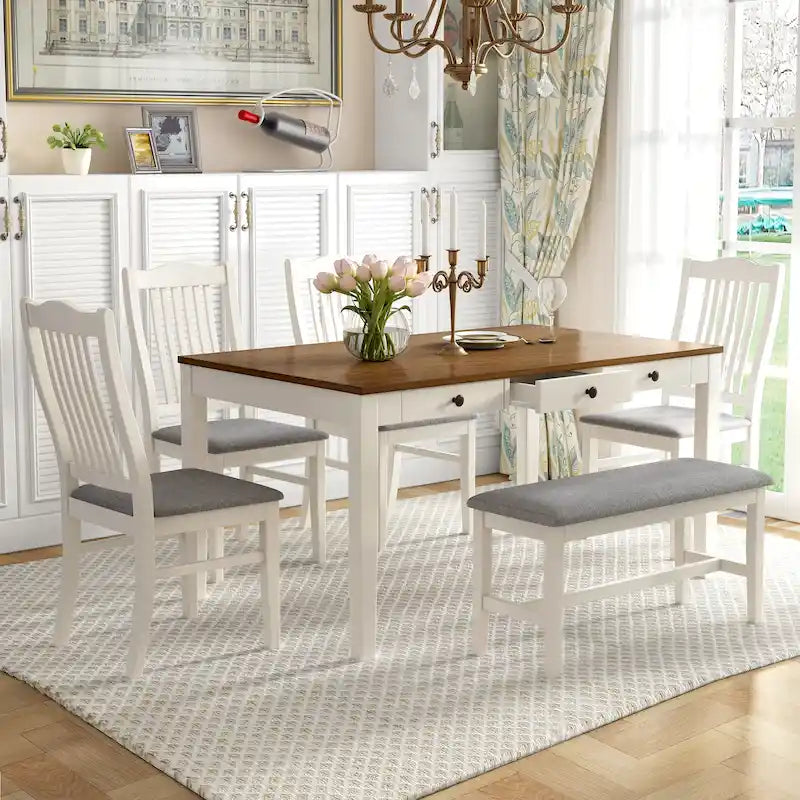 Ensemble de salle à manger en bois de 6 pièces avec 4 chaises et un banc, table avec tiroir