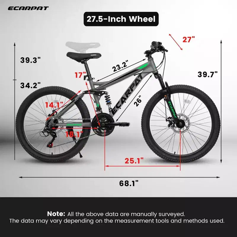 Okak 27.5IN Mountainbike mit vorderen und hinteren Doppelfederungen, Dirtbike mit 21 Gängen und mechanischen Scheibenbremsen, Erwachsenenfahrrad für Männer und Frauen