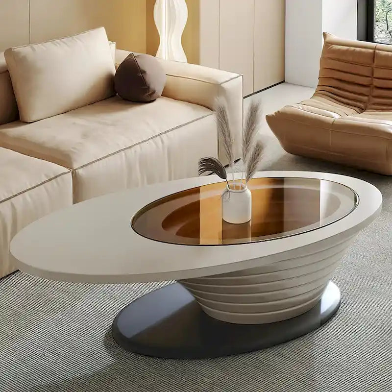 Ovaler Couchtisch mit Glasplatte, moderne, minimalistische Light-Luxury-Optik, graues Gestell, 51 in. - L 51.18'W 25.59'H 14.37'