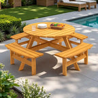 Set da picnic rotondo da esterno per 8 persone in legno di abete, con 4 panche integrate e foro per ombrellone