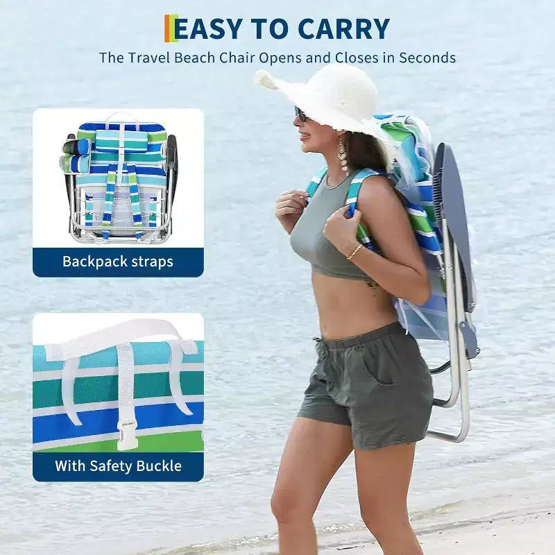 Acekool 2er-Pack leichte Strandstühle im Rucksackdesign, 5-fach verstellbare, flach klappbare Stühle für Erwachsene mit Gurten, Getränkehalter und Handtuchstange, belastbar bis 300 lbs