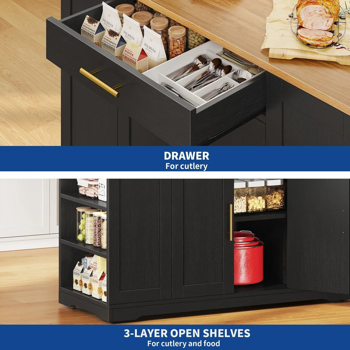 Meuble îlot de cuisine roulant Moasis de 53 pouces, avec rangements, portable et mobile