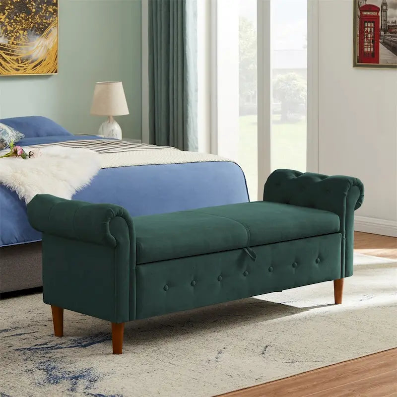 Aufbewahrungsbank fürs Schlafzimmer am Fußende des Bettes, Samt-Ottomane mit gerollten Armlehnen, langes Sofa