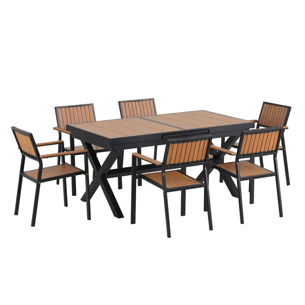 Moderne 7-delige tuinset met zes stoelen en een uitschuifbare tafel voor op het terras