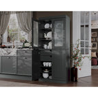 100% Solid Wood Pantry Cabinet with Frosted Glass Doors, Solid Doors, 2-Drawers and Adjustable Shelves