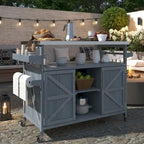 Îlot de cuisine d’extérieur, chariot de bar roulant et meuble de rangement, table de barbecue en bois massif avec plateau en acier inoxydable, porte-épices, porte-serviettes