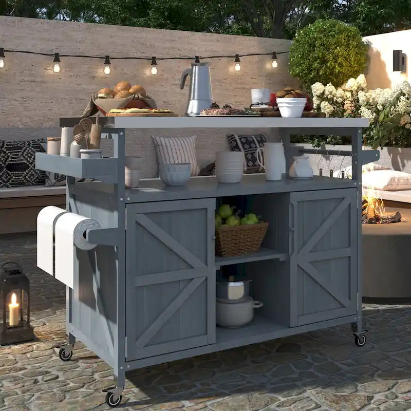 Îlot de cuisine d’extérieur, chariot de bar roulant et meuble de rangement, table de barbecue en bois massif avec plateau en acier inoxydable, porte-épices, porte-serviettes