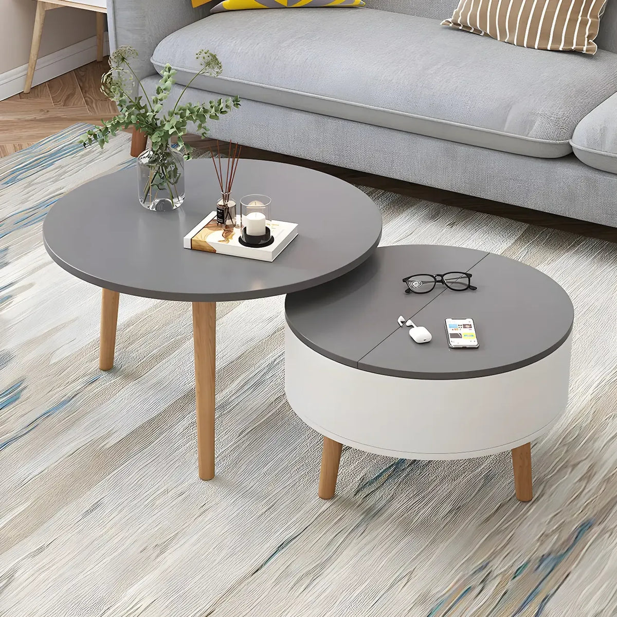 Moderne ronde houten salontafel in zwart-wit met opbergruimte