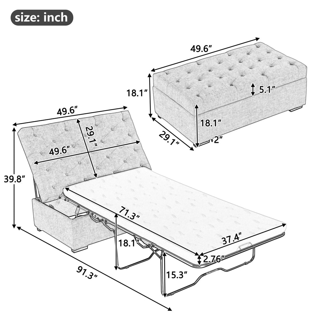 Sofá-cama dobrável, pufe de 49.6 com sofá-cama dobrável, pufe-cama convertível com colchão de espuma viscoelástica e design capitonê