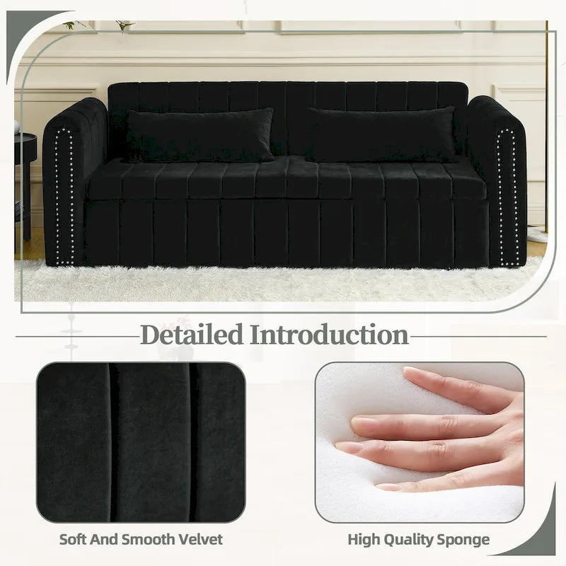 Nowoczesna rozkładana sofa z funkcją spania, tapicerowana aksamitem, z zaokrąglonymi podłokietnikami ozdobionymi miedzianymi ćwiekami