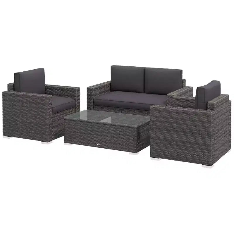 4-delige tuinset van rotan, loungeset van vlechtwerk met loveseat, stoelen en salontafel met glazen blad voor buiten