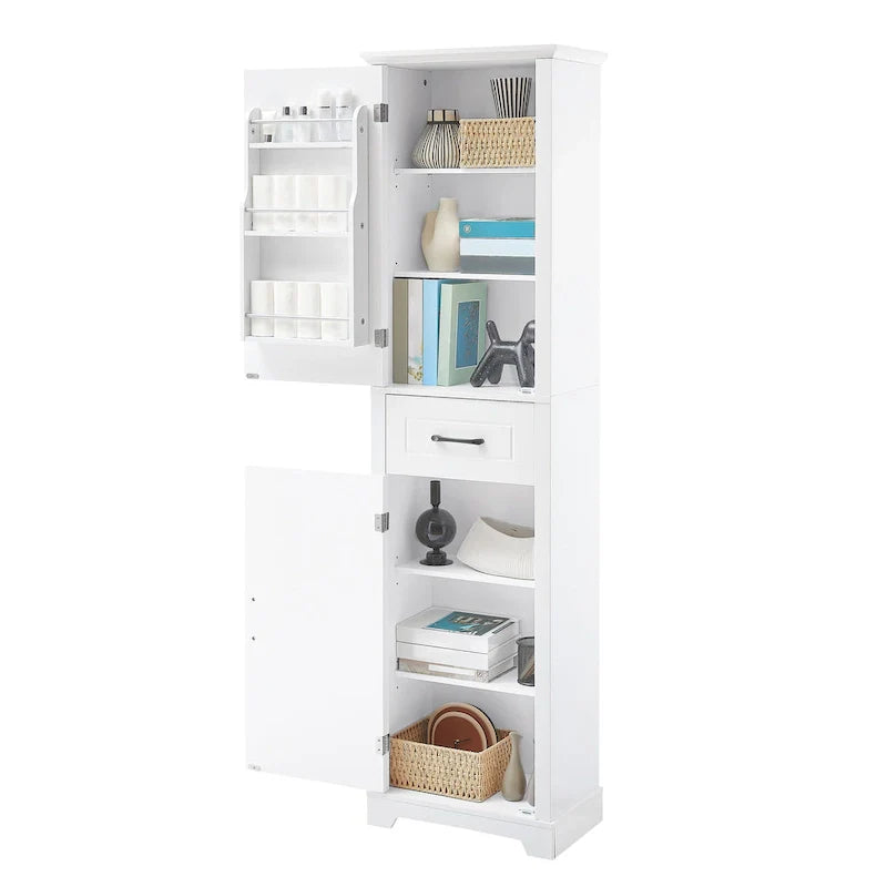 Armoire de salle de bains autoportante à 2 portes, étagères réglables et rangement dans les portes, rangement haut pour salle de bains