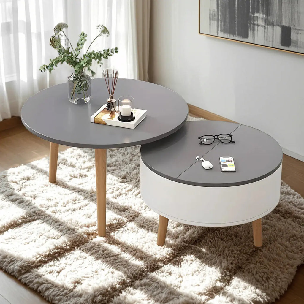 Moderne ronde houten salontafel in zwart-wit met opbergruimte