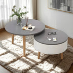 Moderne ronde houten salontafel in zwart-wit met opbergruimte