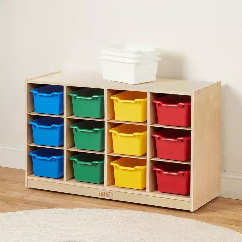 Mobiler Fächerschrank mit Tablettfächern und 15 Behältern mit Schaufelfront, 3x4, Kindermöbel