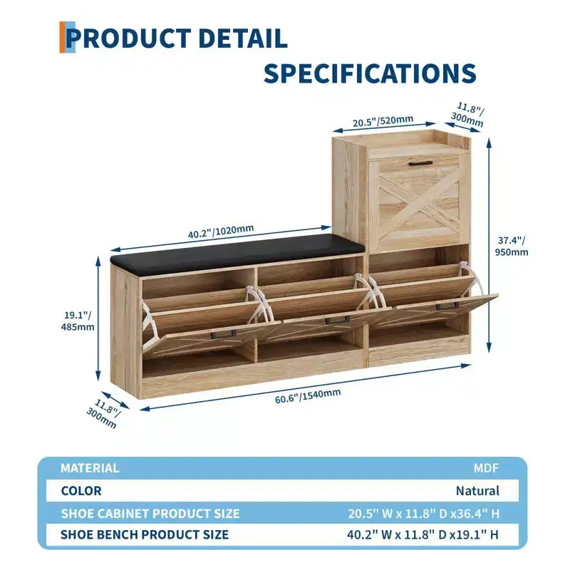 Schoenenkast in landelijke stijl, houten halbank met 4 klepkasten, smalle verborgen schoenenopberger, vrijstaand schoenenrek voor hal of entree