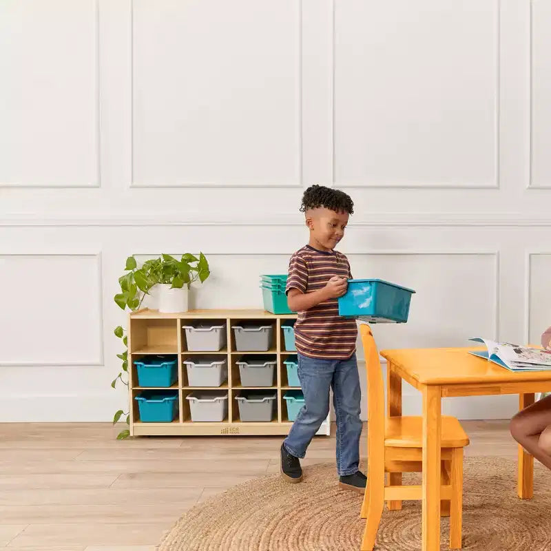 Mobiler Fächerschrank mit Tablettfächern und 15 Behältern mit Schaufelfront, 3x4, Kindermöbel