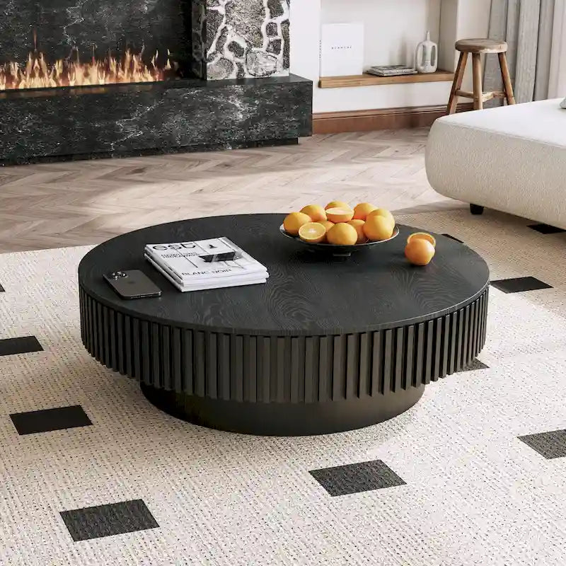 Moderner runder Couchtisch aus massivholzfurniertem Holz mit Stauraum